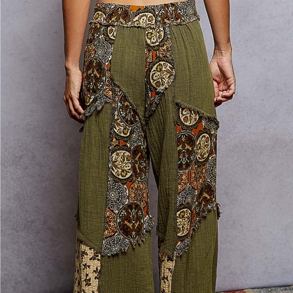 POL Olive Green Patchwork Wide Leg Pants